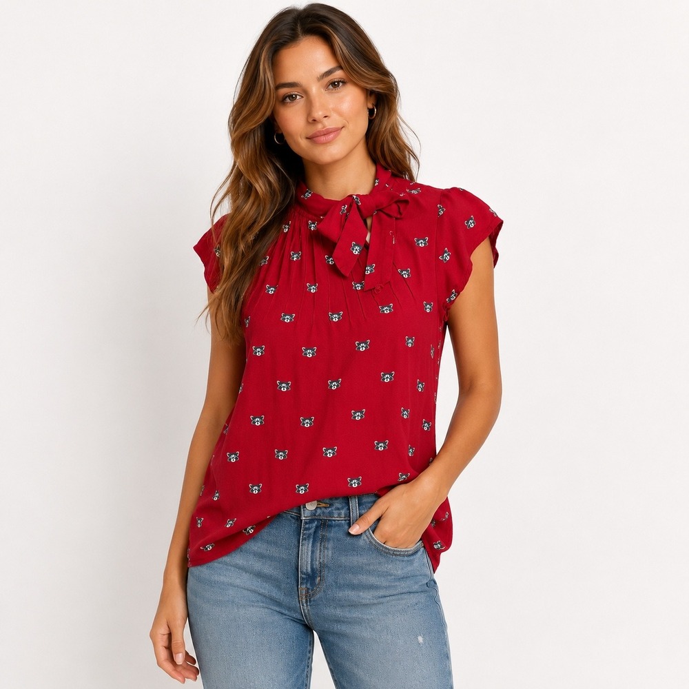 Circus Blouse UK 10 Red Raccoon Print Tie Neck Cap Sleeve Retro Top Rockabilly